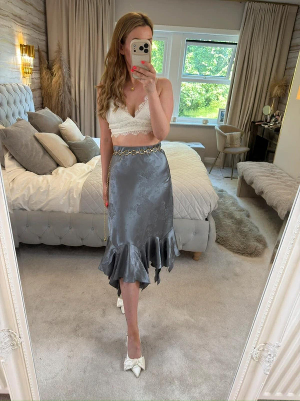 ⭐ BNWT Miss Selfridge Purple / Silver Asymmetrical Satin Floral Midi Skirt 12