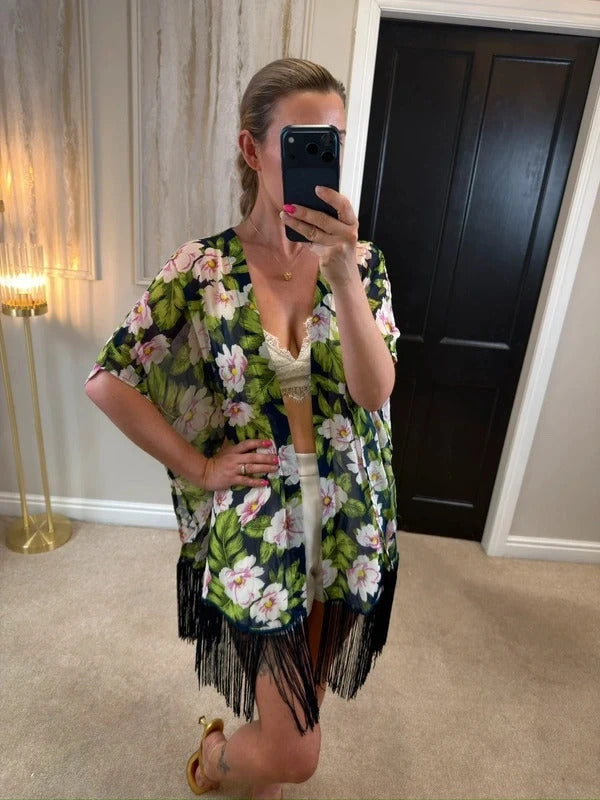 Urmoda Navy Floral Fringe Kimono Medium
