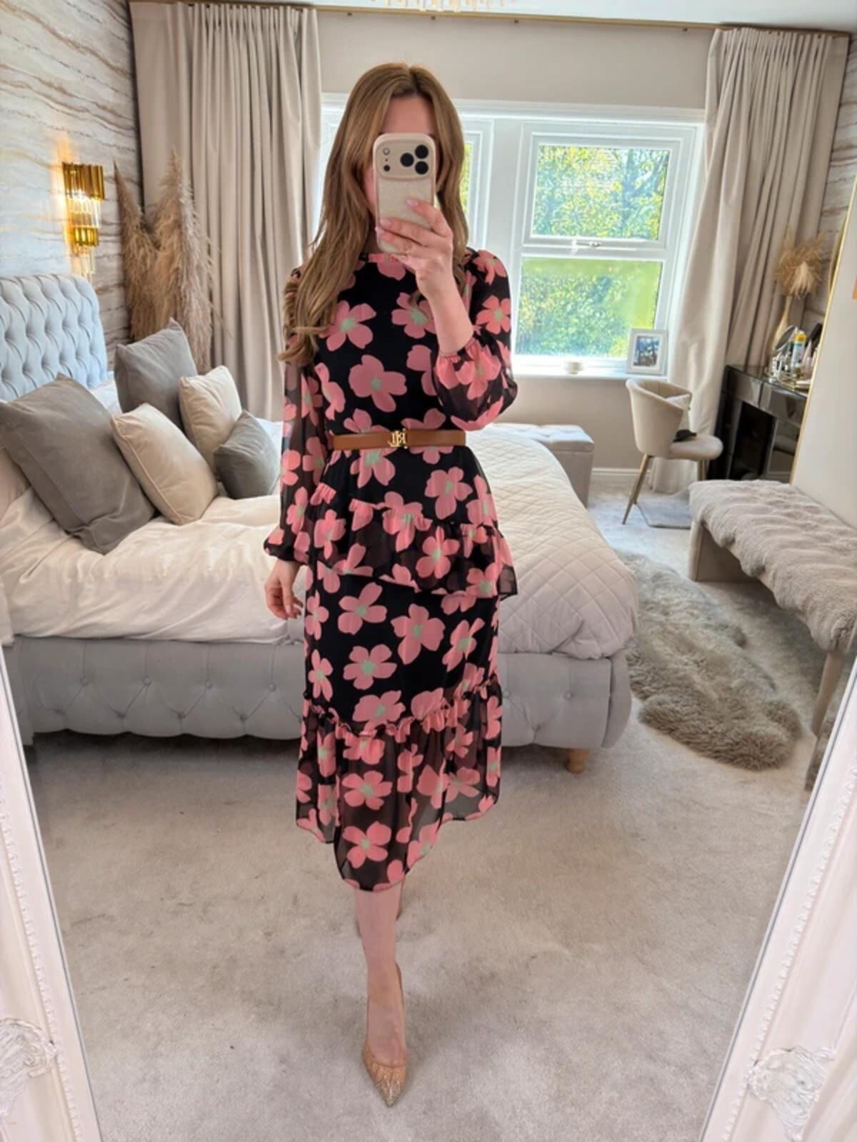Miss Selfridge Black Floral Frill Tiered Midi Dress 10/12