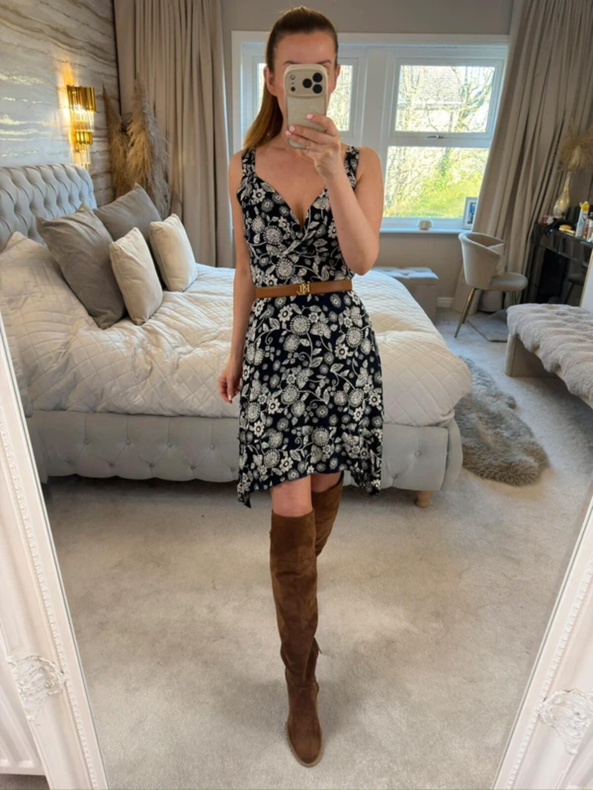 Apricot Navy Floral Asymmetrical Hem Dress 8