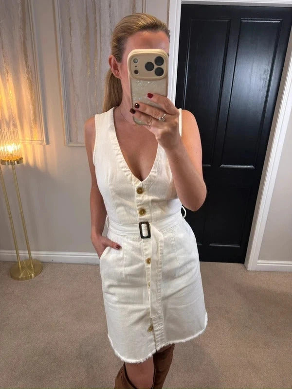 Missguided White Belted Denim Dress 10