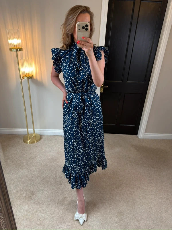 Anne Louise Boutique Navy & White Heart Frill Midi Dress 10