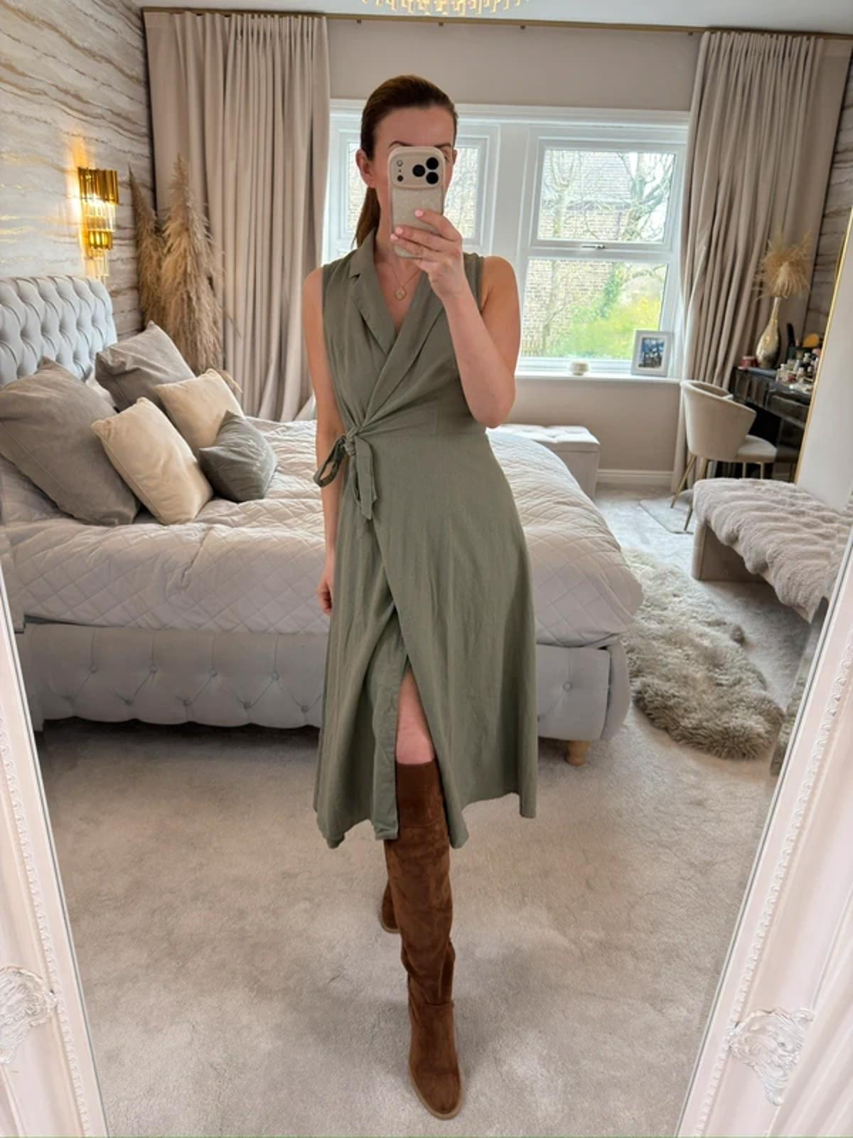 DKNY Khaki Linen Blend Wrap Dress 8
