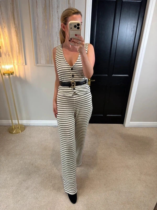 Mango Black & Cream Stripe Crochet Knitted Co Ord Set M/L