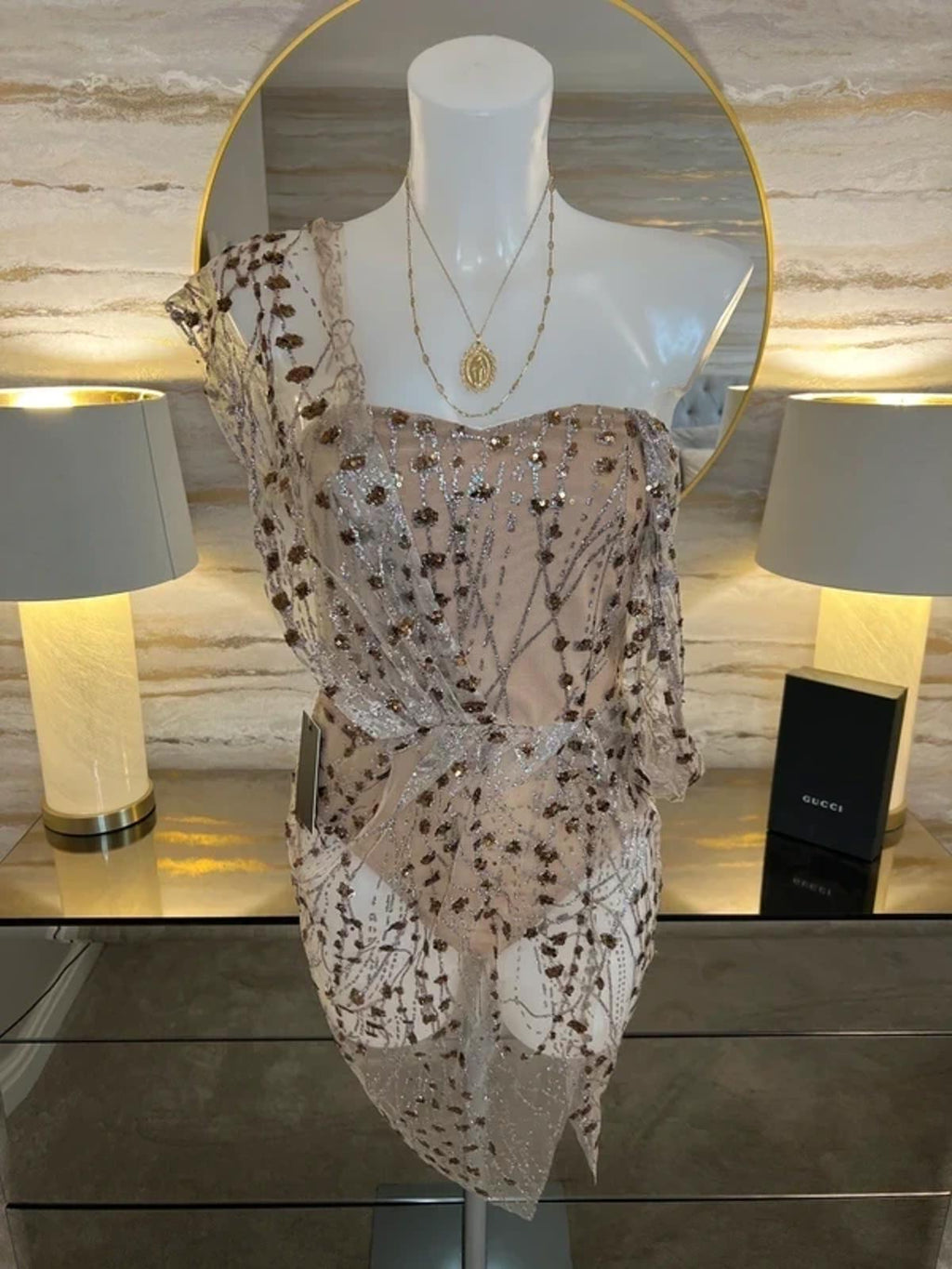 BNWT Dressmezee Nude Glitter Mesh Mini Dress Small