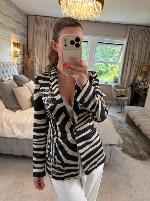 Zara Black & Cream Animal Print Blazer Small