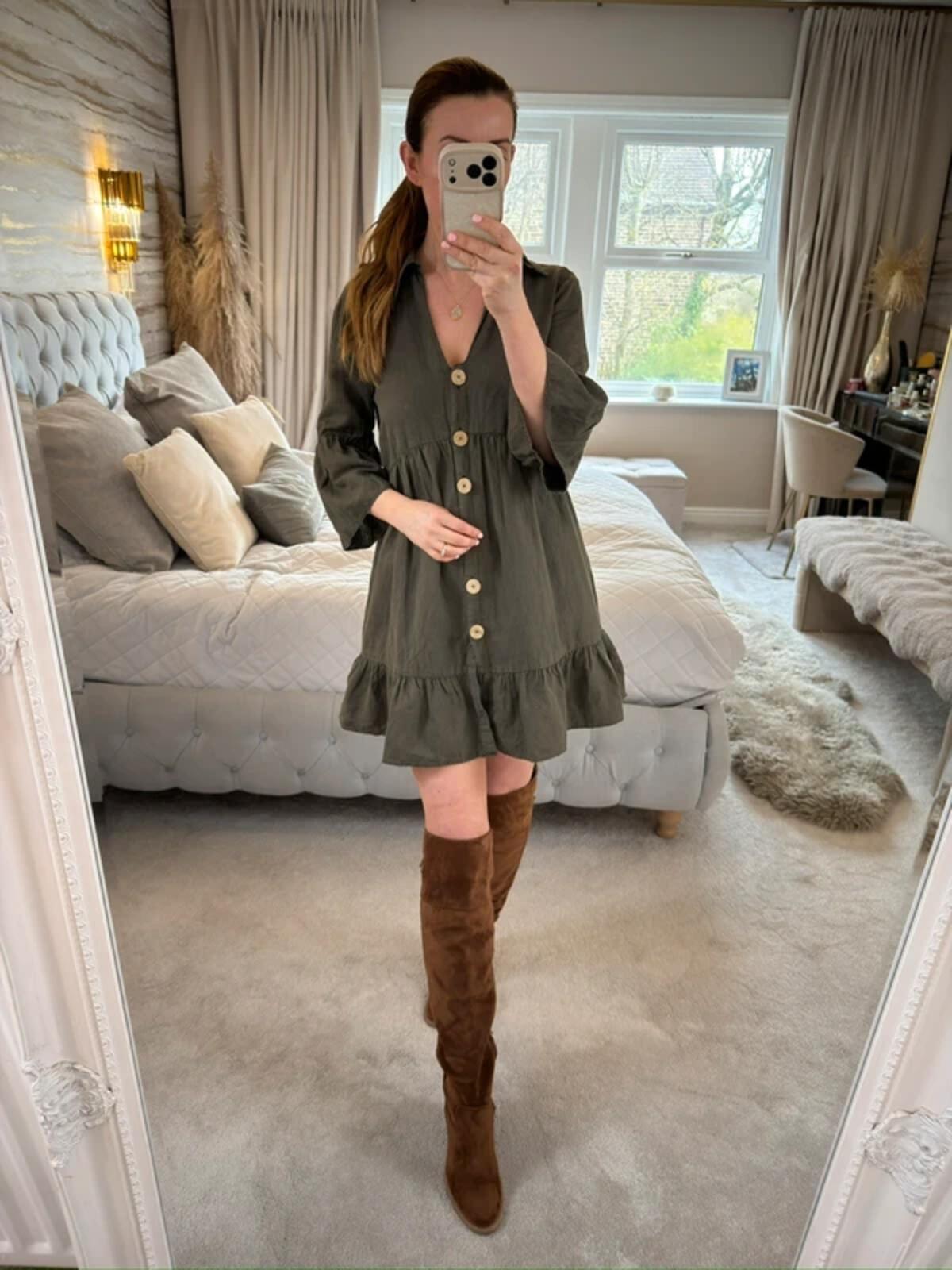 Zara Khaki Linen Blend Boho Shirt Dress Small