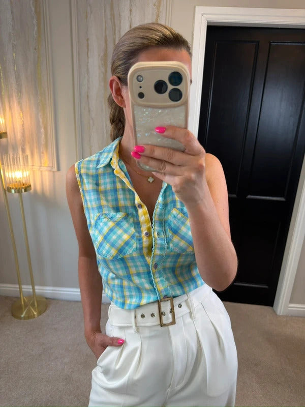 TU Blue & Yellow Gingham Tie Front Blouse 8