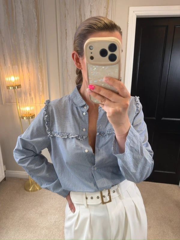 M&S Limited Edition Blue & White Stripe Frill Shirt Size 14