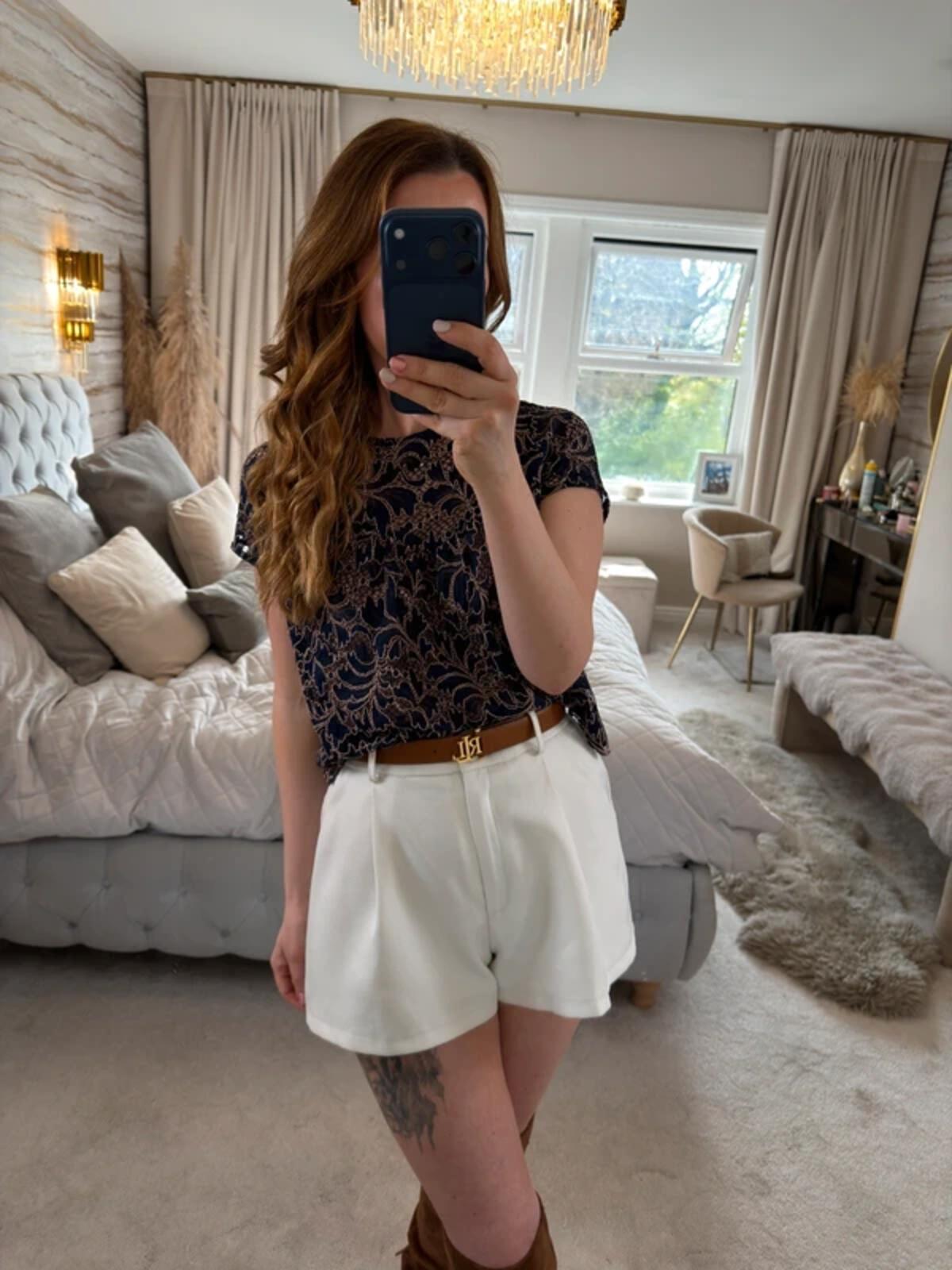 Zara Navy Semi Sheer Lace Blouse Small