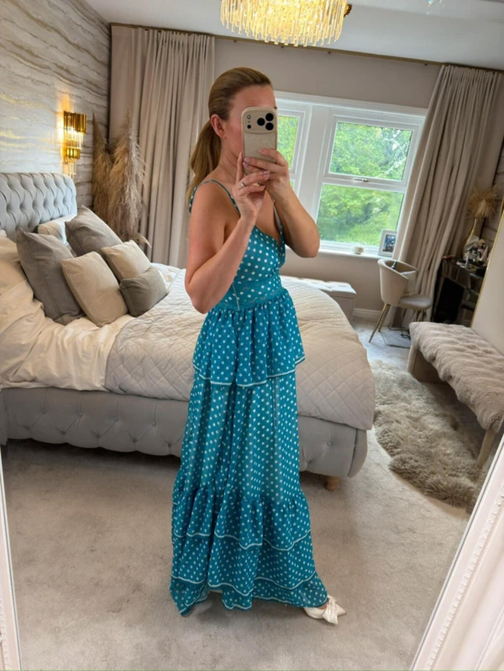 Golden Days Teal Blue & White Polka Dot Tiered Maxi Dress 8