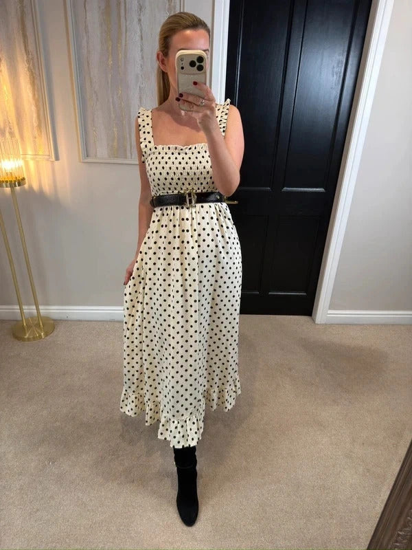 Zara Cream & Black Polka Dot Midi Dress Small
