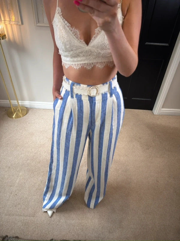 BNWT Boden Blue & White Stripe Wide Leg Linen Trousers 10R