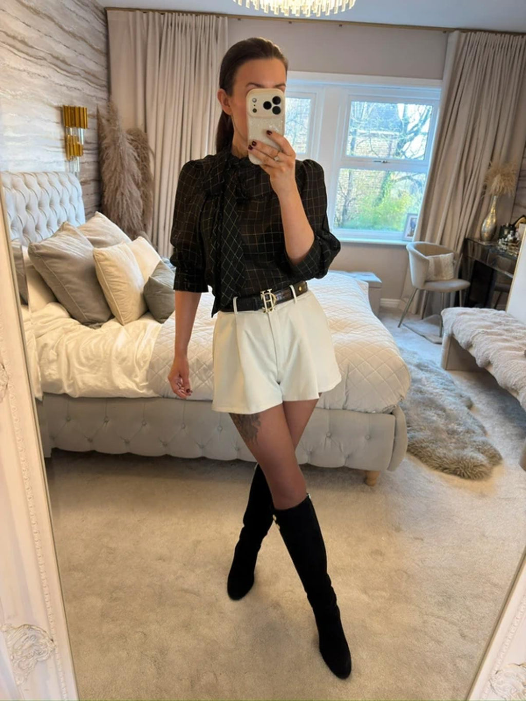 H&M Vintage Sheer Black & Gold Pussy Bow Blouse 10