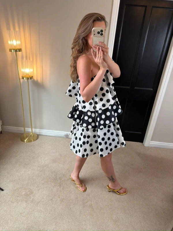 BNWT Forever Unique Black & White Polka Dot Layered One Shoulder Dress 8