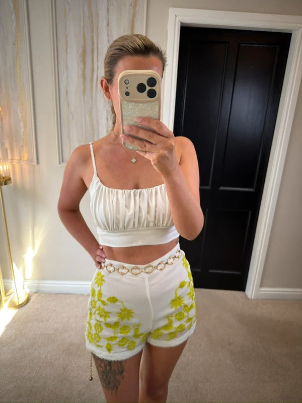 Topshop White & Green Embroidered Shorts 8