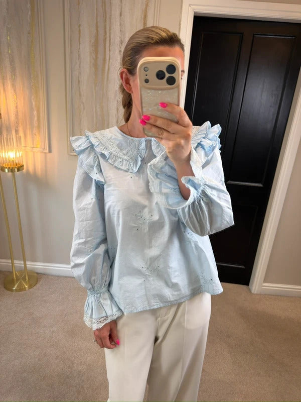BNWT River Island Light Blue Frill Blouse Petite Size 10