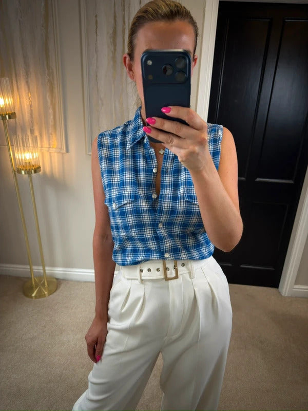 Vintage Etam Blue Check Sleeveless Shirt Size 10