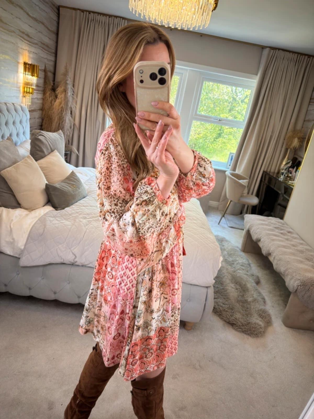 Zara Cream & Pink Boho Mini Dress Small