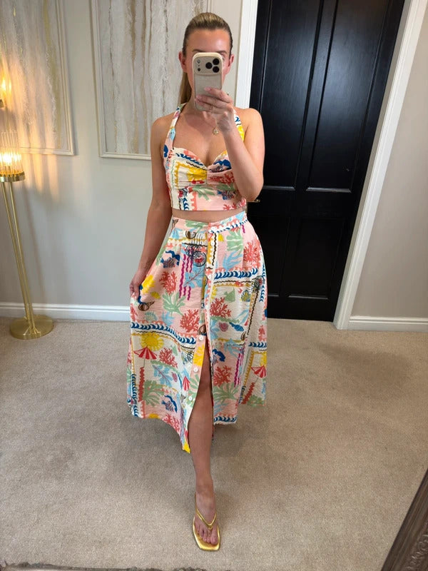 Zara Multicoloured Patchwork Print Skirt & Top Co Ord Large BNWT