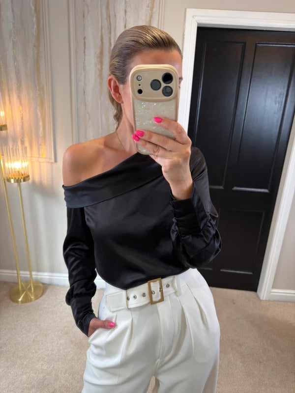 River Island Black Satin Off The Shoulder Blouse 8