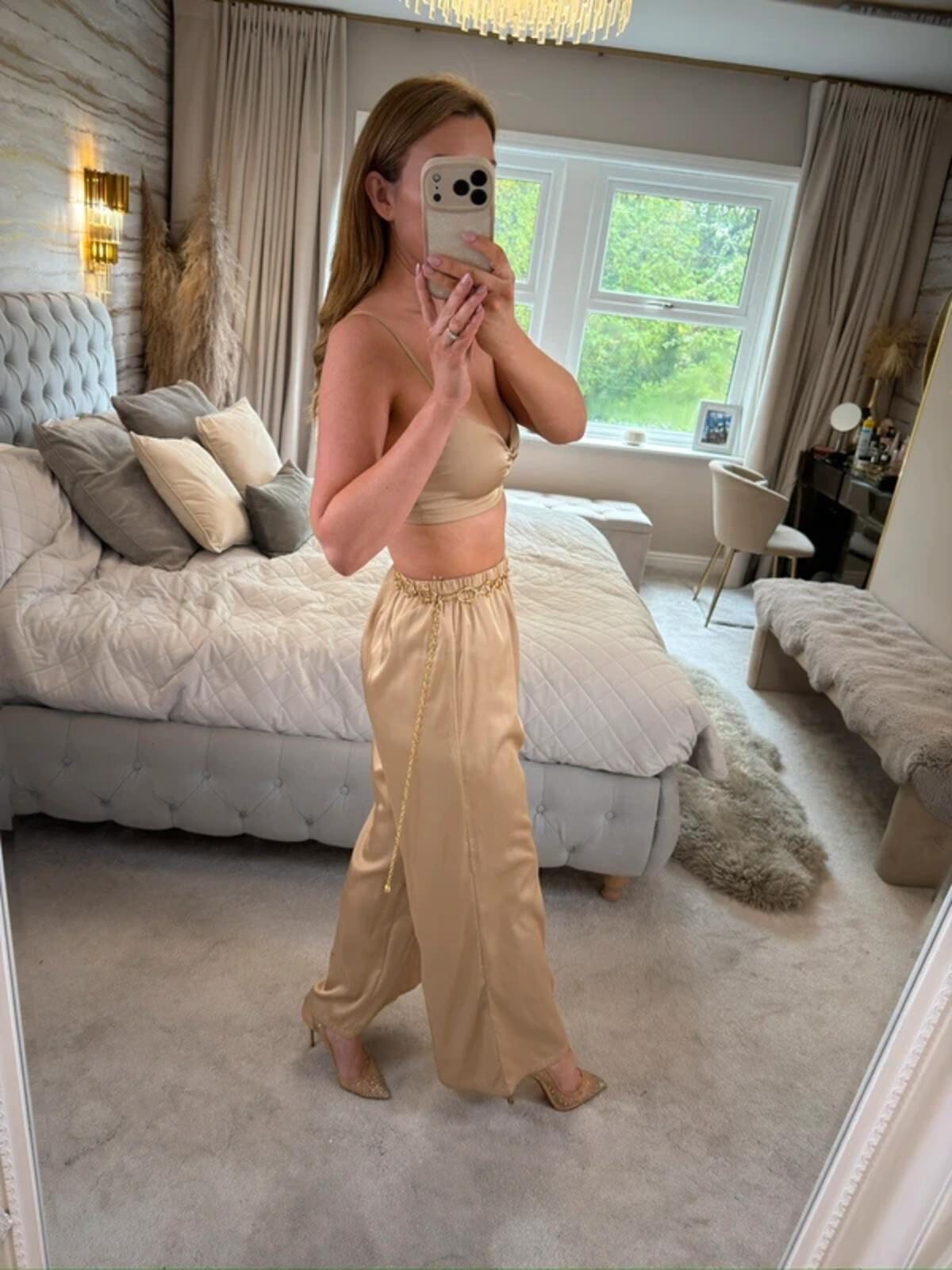 Oh Polly Beige / Gold Satin Trouser Co Ord XS