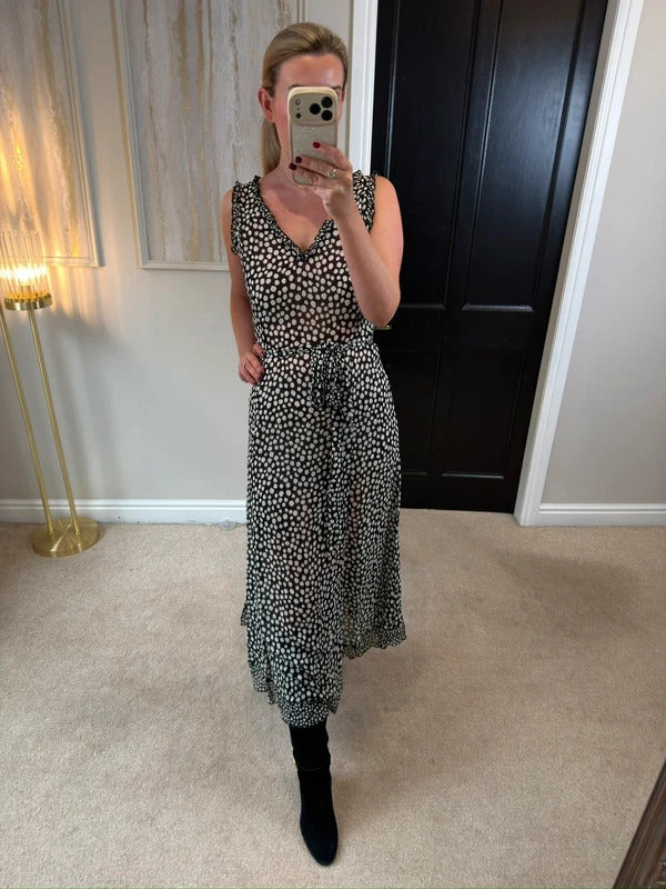 Black & White Spotty Sheer Belted Dress Medium
