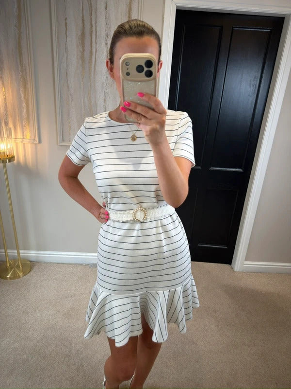 Vila White & Black Stripe Mini Dress Small