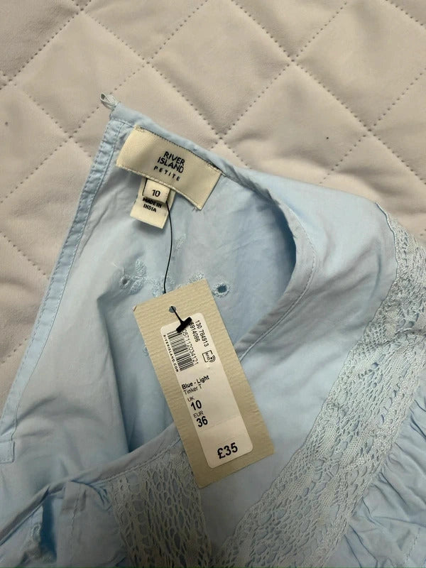 BNWT River Island Light Blue Frill Blouse Petite Size 10