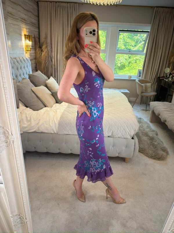 Vintage Monsoon Purple Floral Silk Devore Midi Dress 10/12