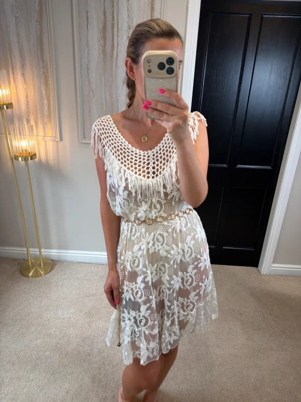Boutique Ivory Sheer Lace Fringe Mini Dress One Size
