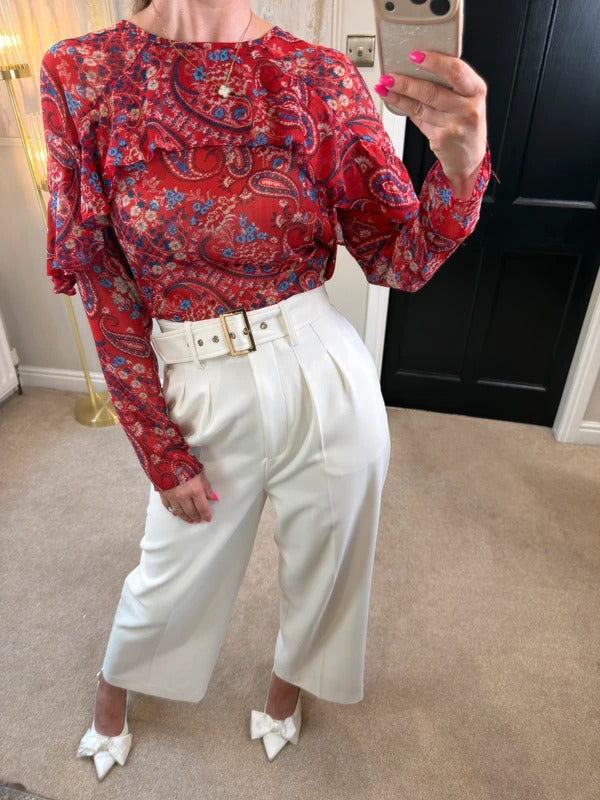 Papaya Red & Blue Sheer Paisley Frill Blouse 10