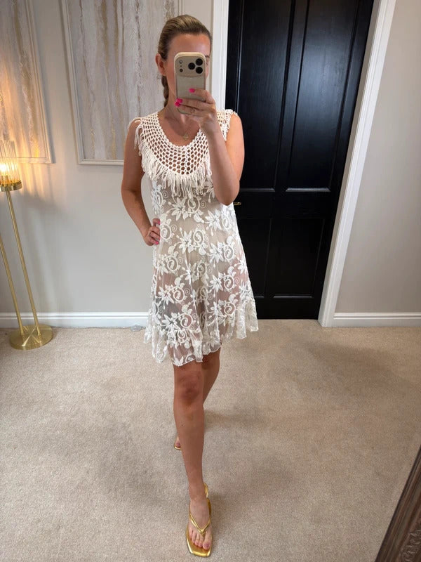 Boutique Ivory Sheer Lace Fringe Mini Dress One Size