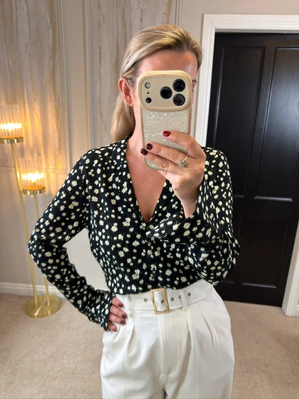 M&S Black Daisy Button Front Blouse 8