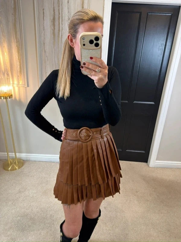 Zara Brown PU Leather Pleated Belted Skirt Small