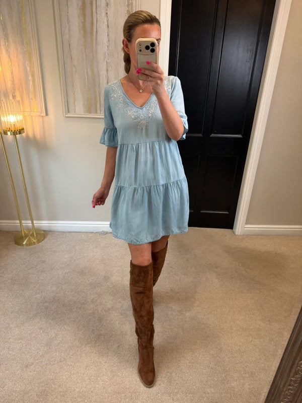 Accessorize XS Light Denim Embroidered Boho Mini Dress XS