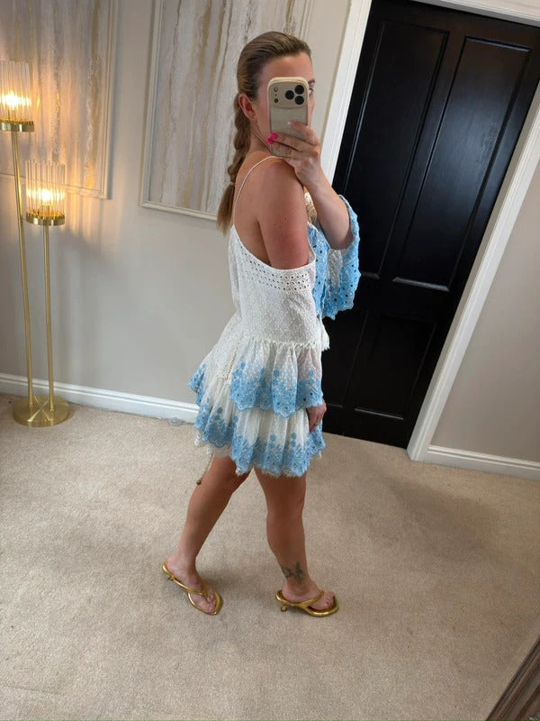 Miss June White & Blue Boho Mini Dress One Size