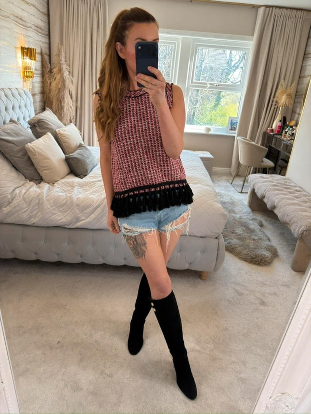 Zara Red Tweed Fringe Blouse Small