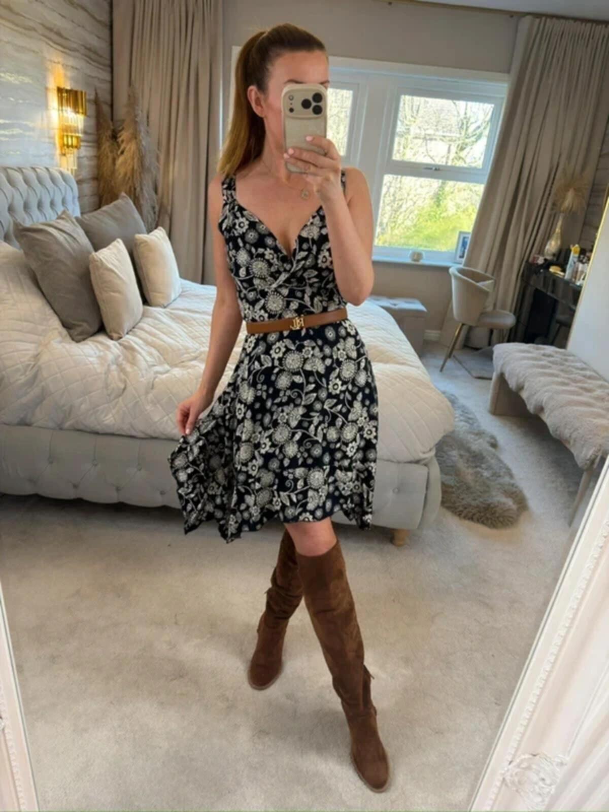 Apricot Navy Floral Asymmetrical Hem Dress 8