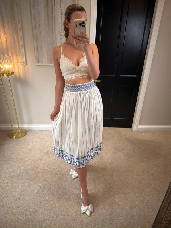 M&S White & Blue Embroidered Midi Skirt 12