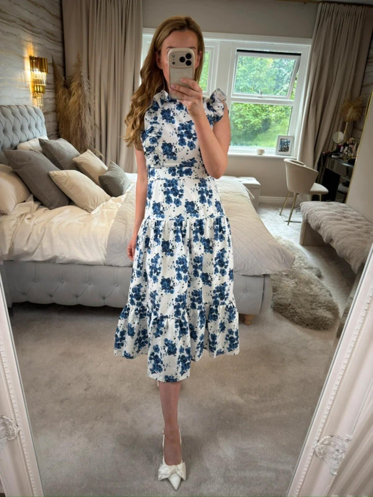 Anne Louise Boutique Gardenia White & Navy Floral Midi Dress 8