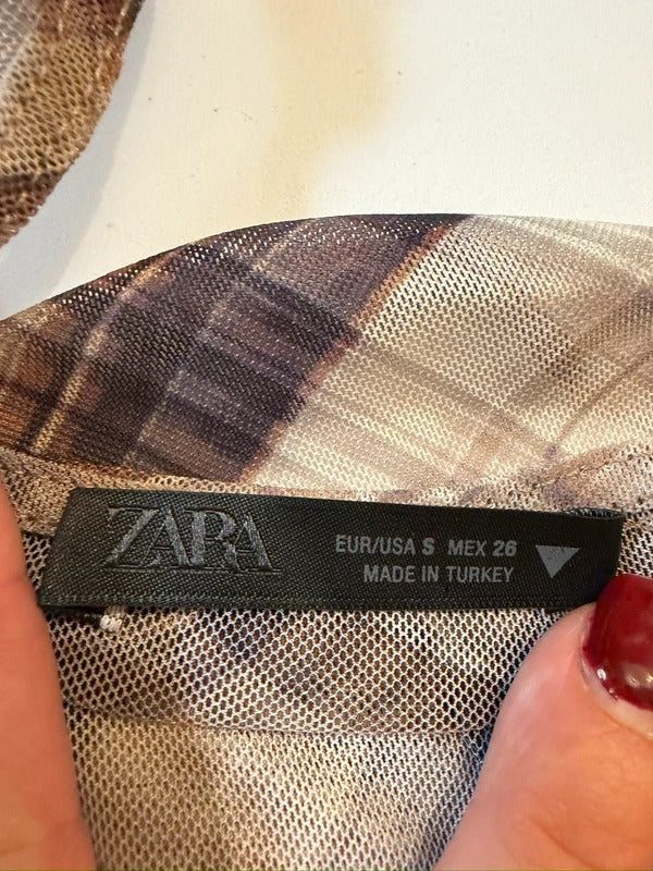 Zara Brown Semi Sheer Asymmetrical Top Small
