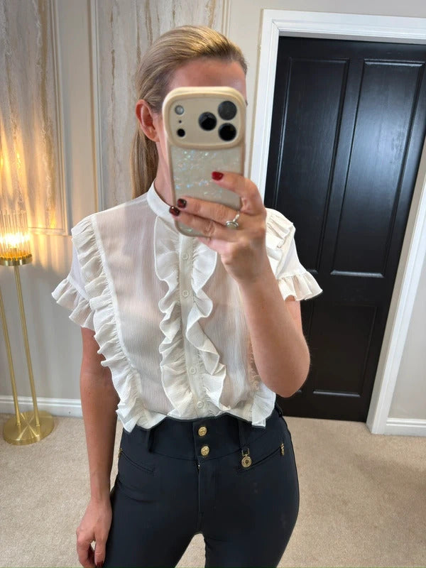 Boohoo Cream Semi Sheer Frill Blouse 6