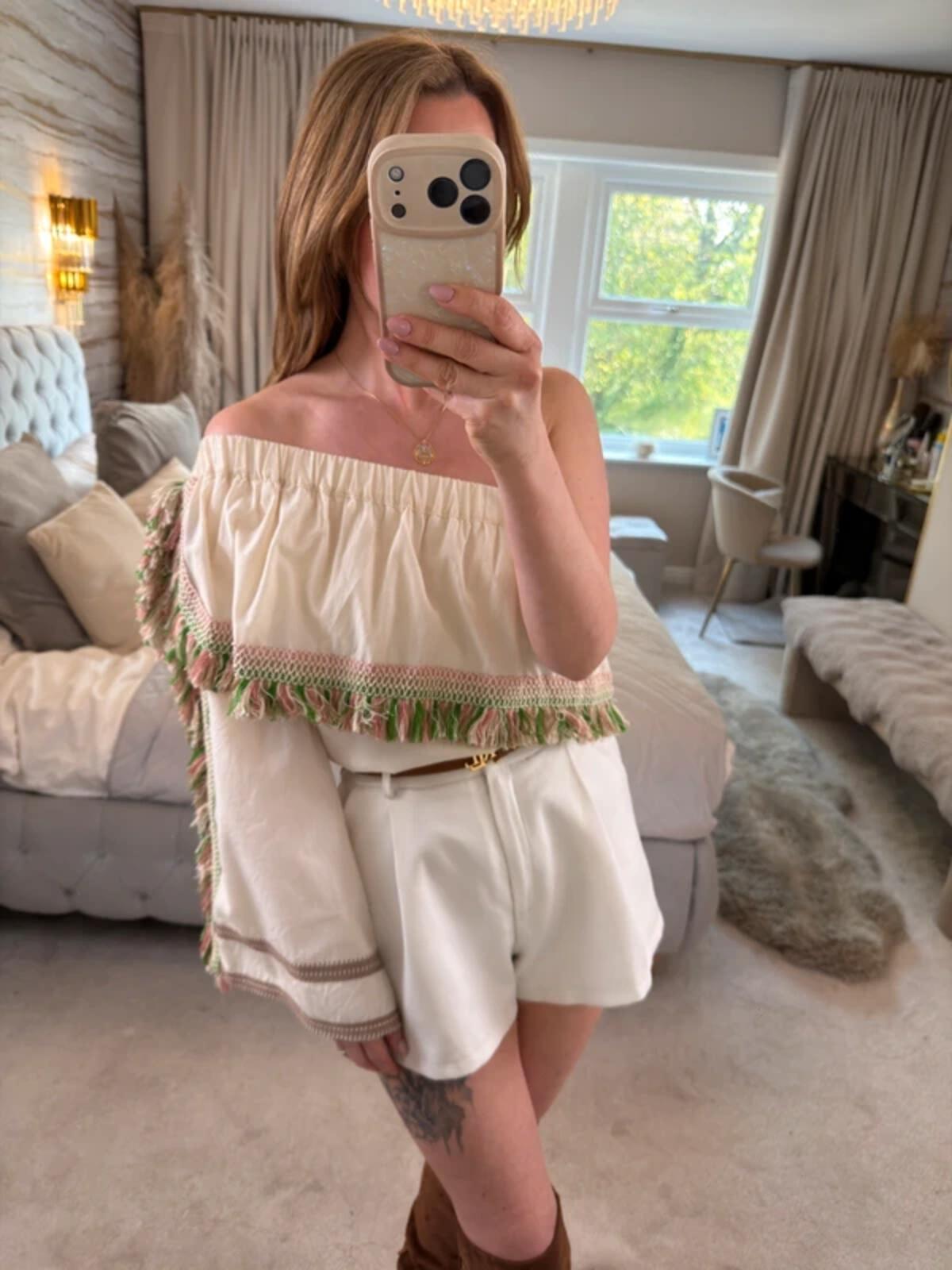 Celia Dragouni Cream Boho Tassel Blouse