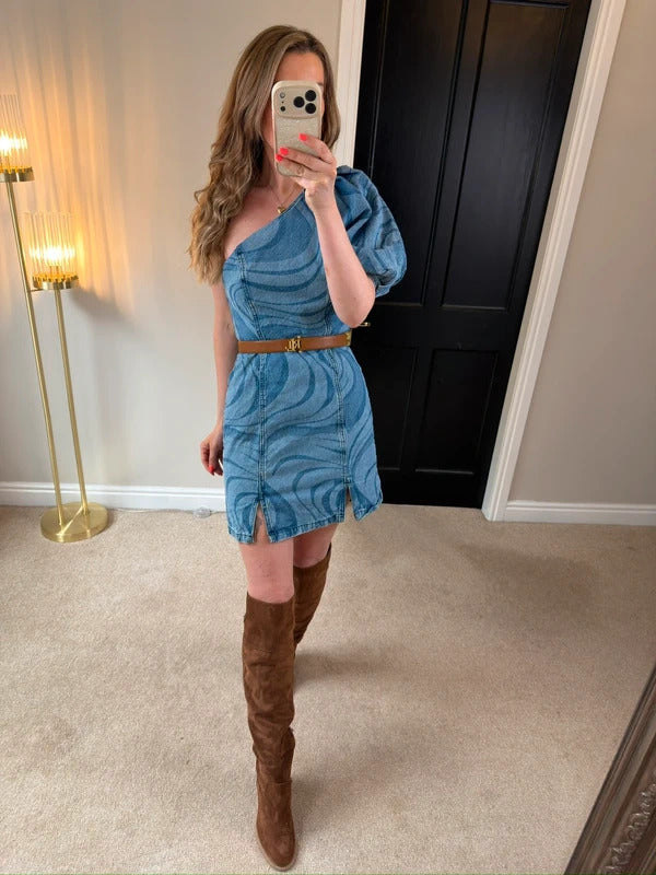 ASOS Denim One Shoulder Puff Sleeve Retro Style Mini Dress Size 10