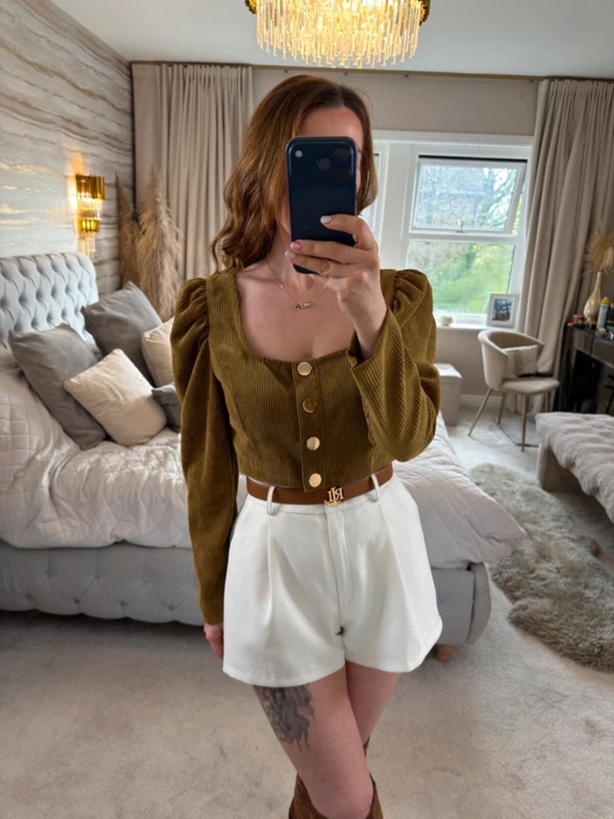Zara Brown Corduroy Puff Sleeve Top Medium