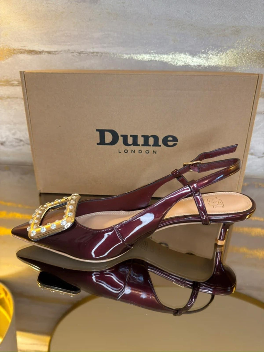 Dune Burgundy Patent Diamanté Heels 4