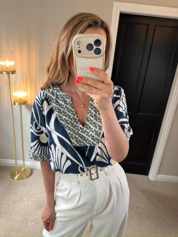 White Stuff Navy Linen Blend Floral Blouse 12