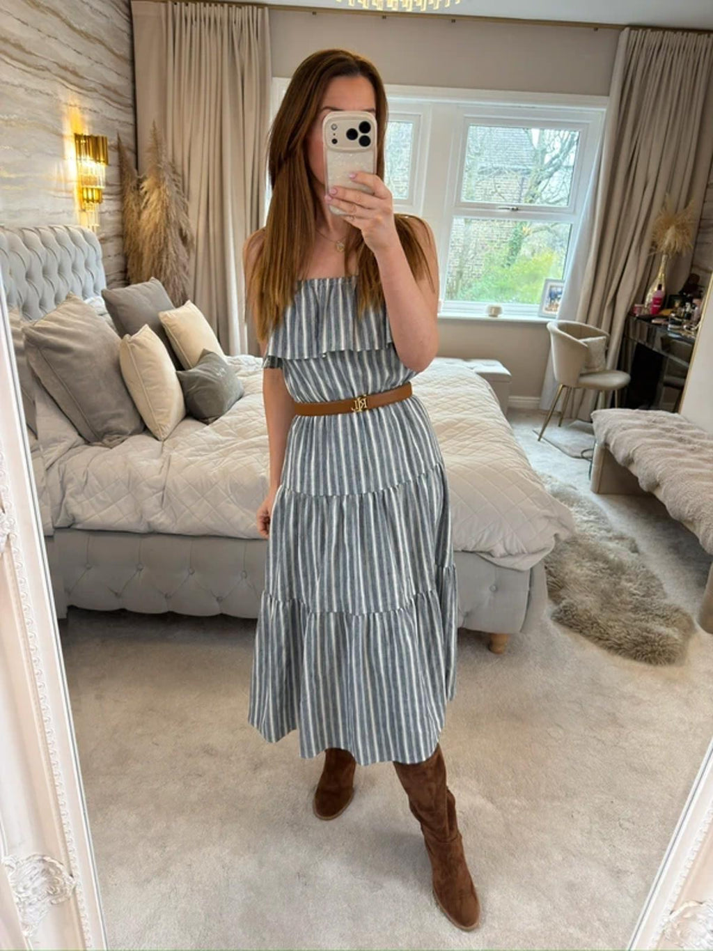 Michael Kors Stripe Tiered Linen Mix Midi Dress XS