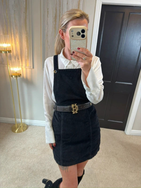 Topshop Black Corduroy Pinafore Dress 8